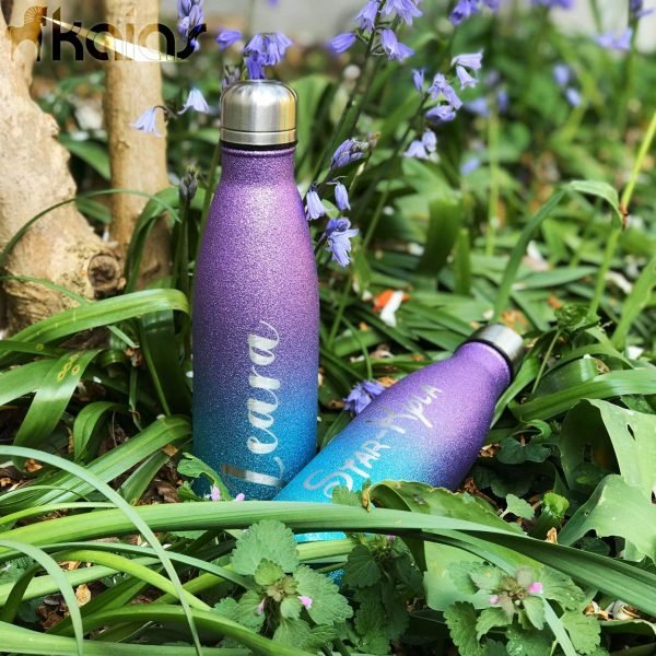 Personalised Cyan and Purple Glitter Water Bottle - Laser Engraved