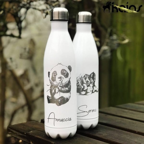 Laser Engraved Water Bottle 750ml White - Panda and Lion