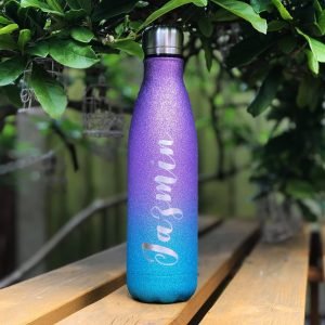 Personalised Cyan and Purple Glitter Water Bottle - Laser Engraved
