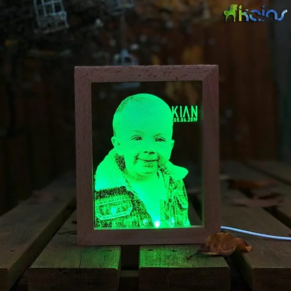 Personalised LED Acrylic Lamp on Wood Frame - Portrait Engraving
