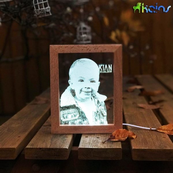 Personalised LED Acrylic Lamp on Wood Frame - Portrait Engraving