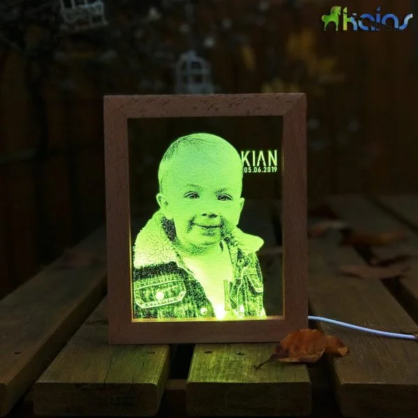 Personalised LED Acrylic Lamp on Wood Frame - Portrait Engraving